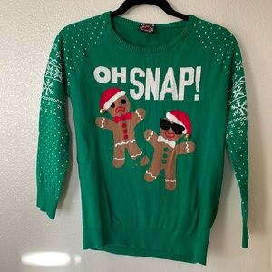 Green “Oh Snap” Gingerbread Man Ugly Christmas Sweater. Kids XL.